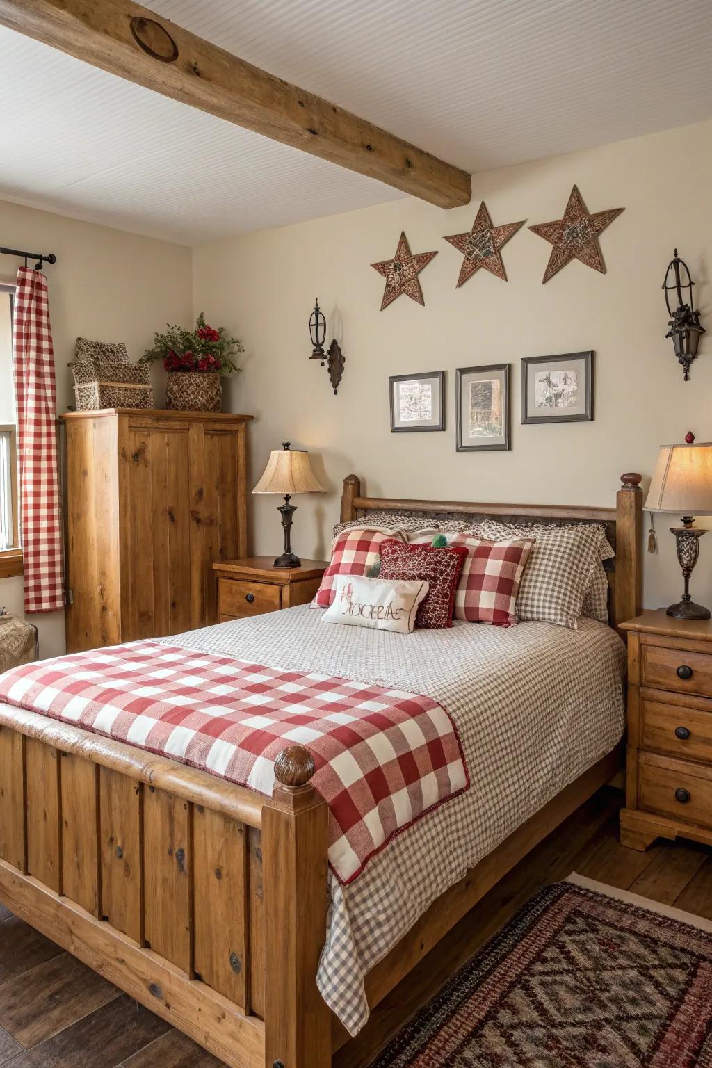A country bedroom featuring gingham bedding and decor elements.