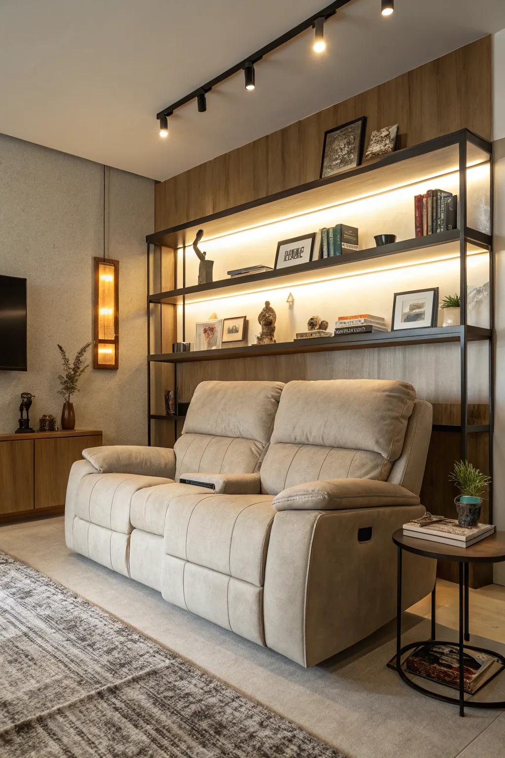 A functional living room with wall shelves complementing the recliner sofa.