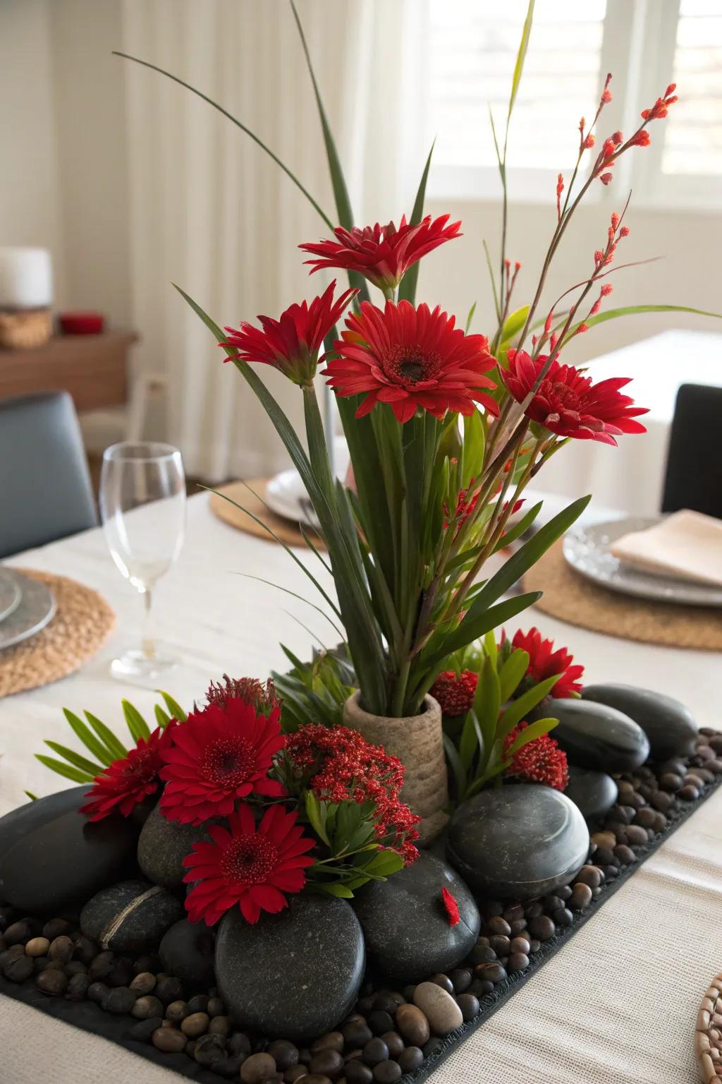 A natural centerpiece featuring ebony pebbles and scarlet blossoms for organic elegance.