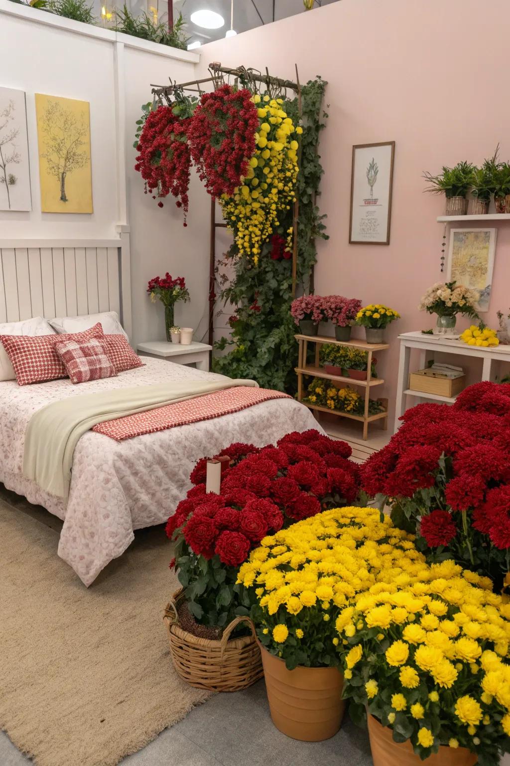 Crimson and gold floral displays add a touch of nature and vibrancy to this bedroom.