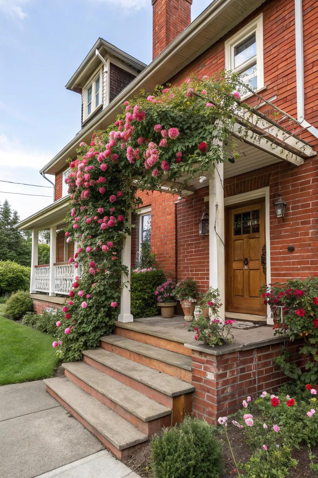 Climbing roses on a trellis add charm to a red brick porch.