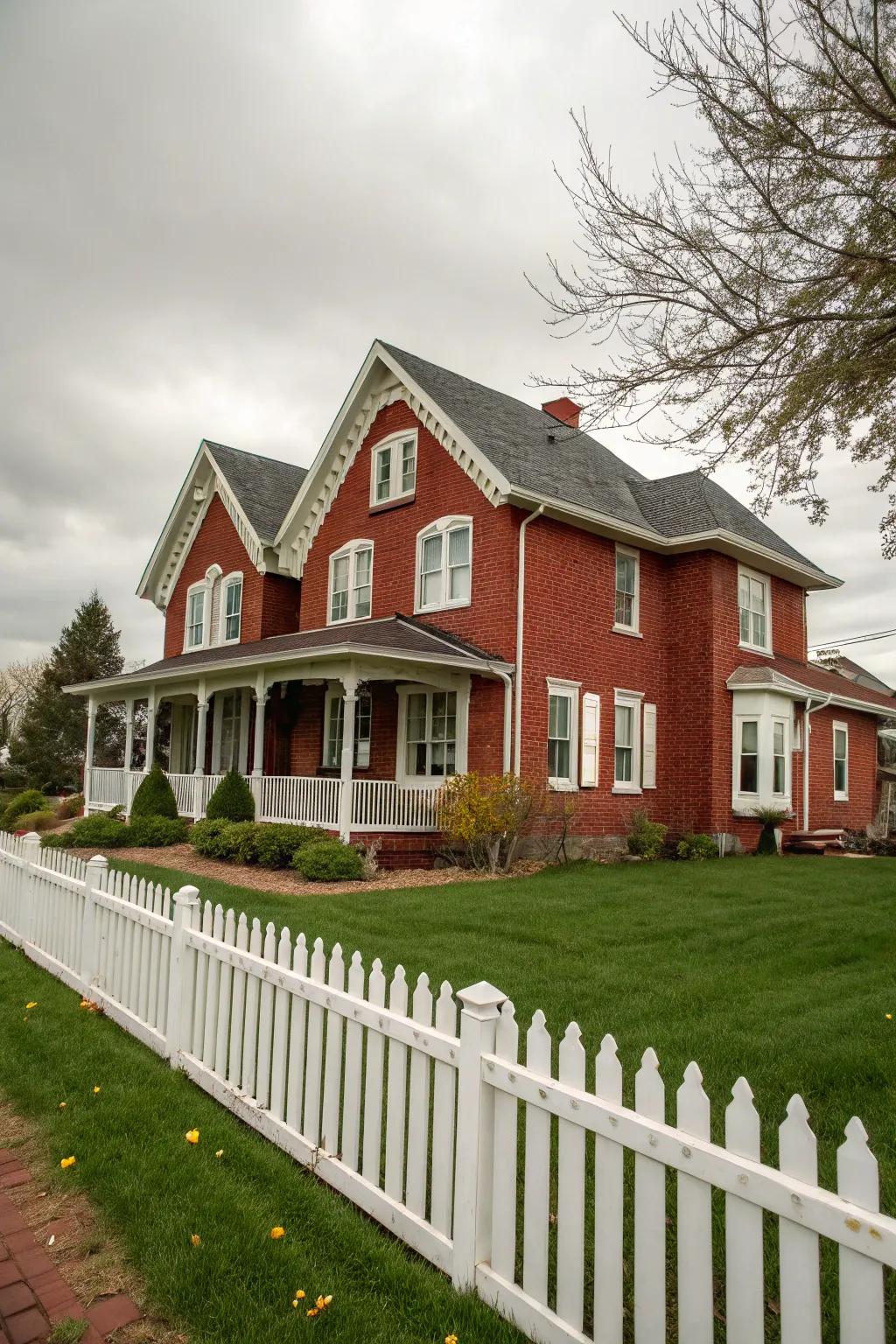 Bone trim offers a soft and neutral contrast to the warmth of crimson brick.