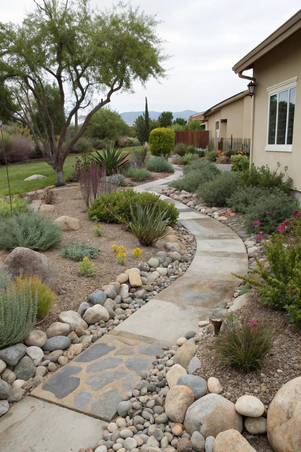 Smooth stones and drought-resistant plants form an eco-friendly xeriscape.