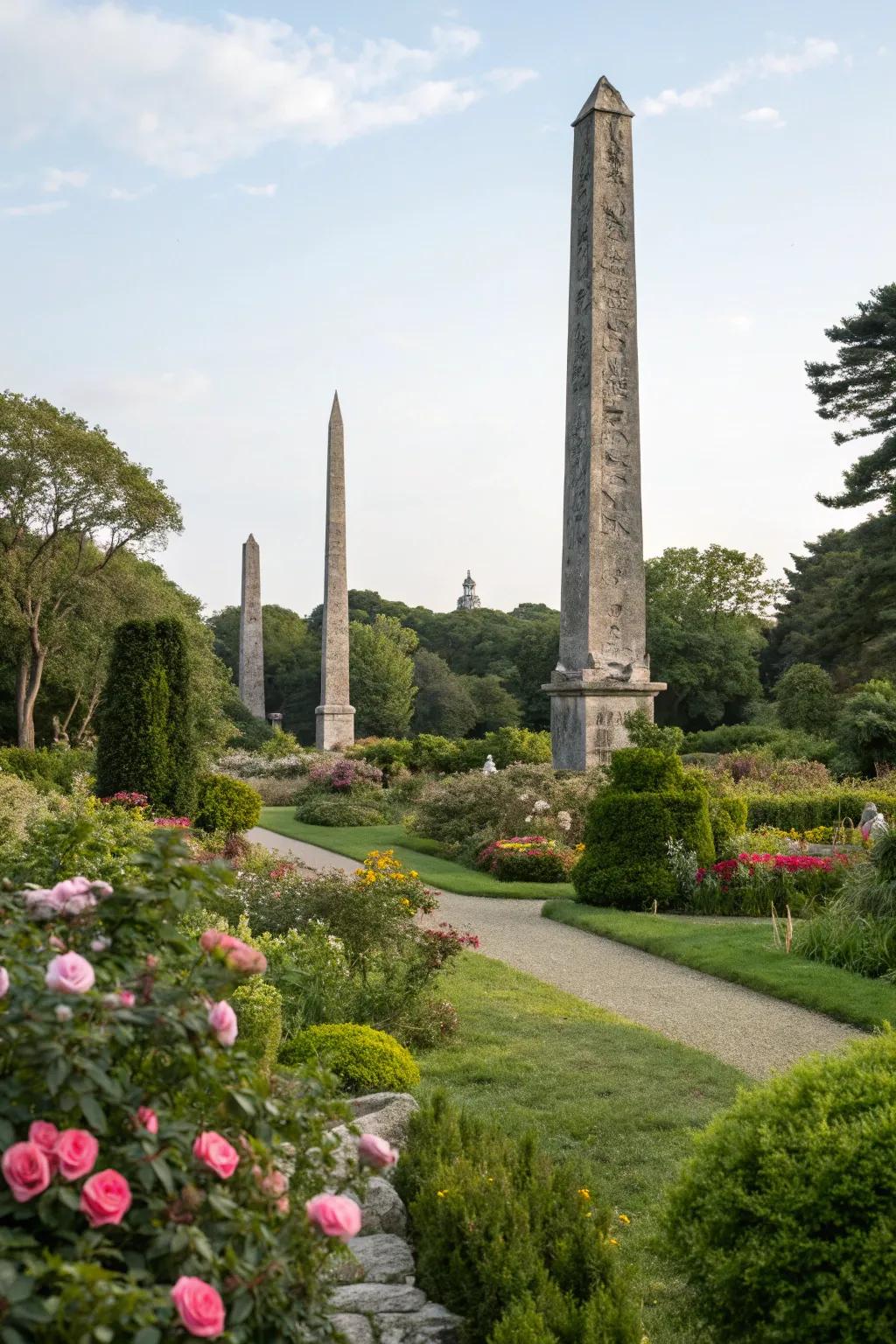 Stone pillars stand tall as focal points in the garden.