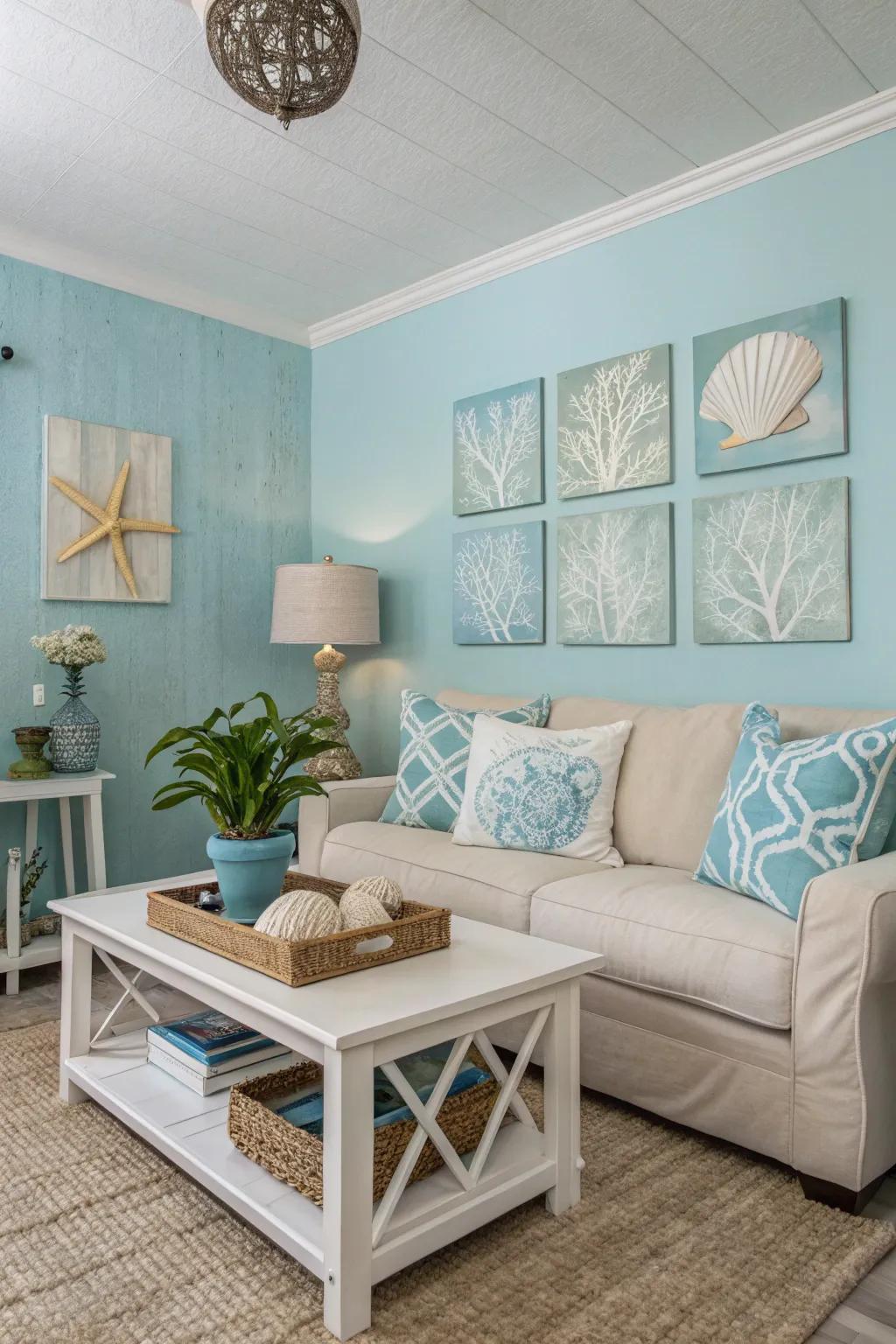 Misty blues evoke a soothing and coastal feel.