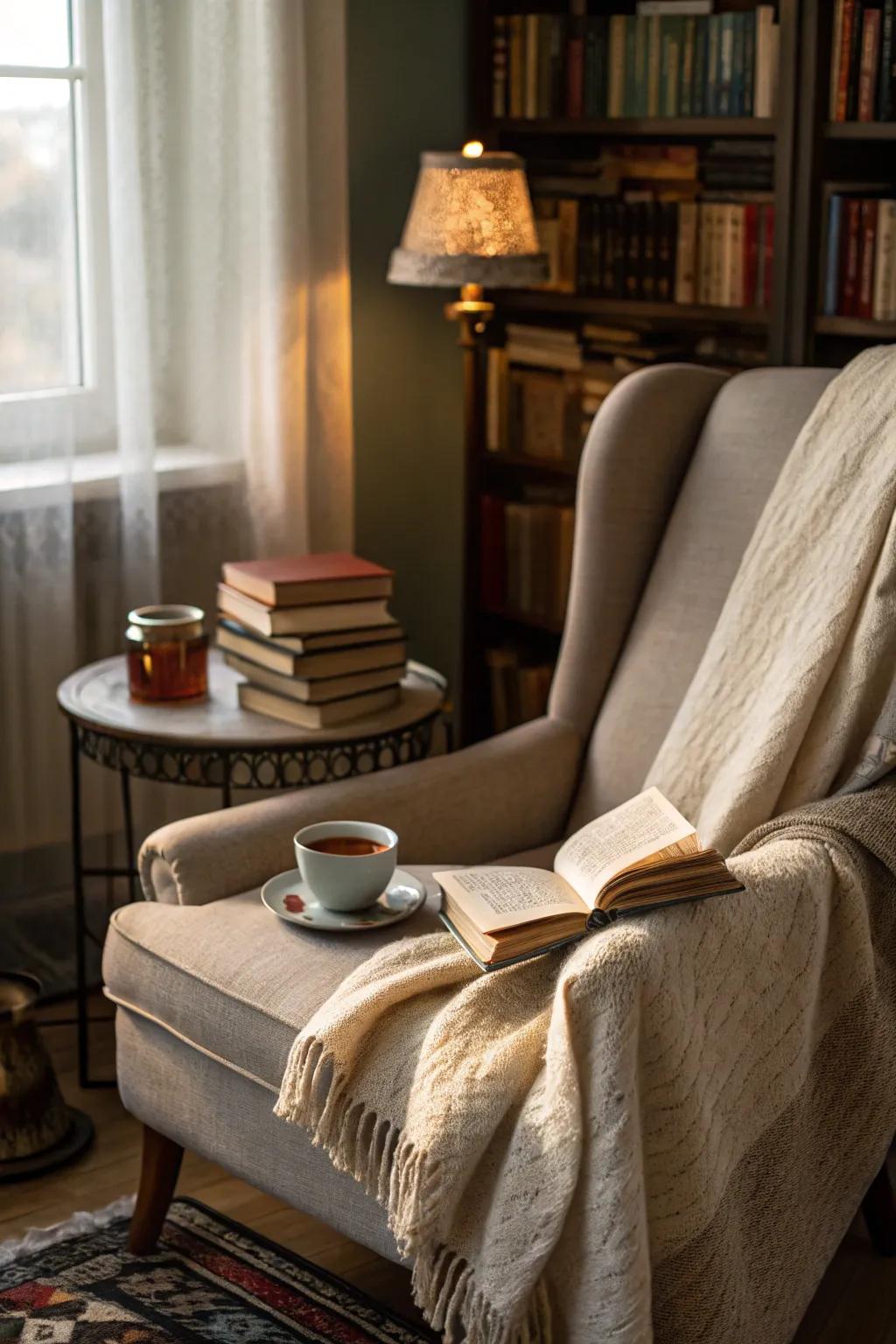 A comfortable reading space invites relaxation and solitude.