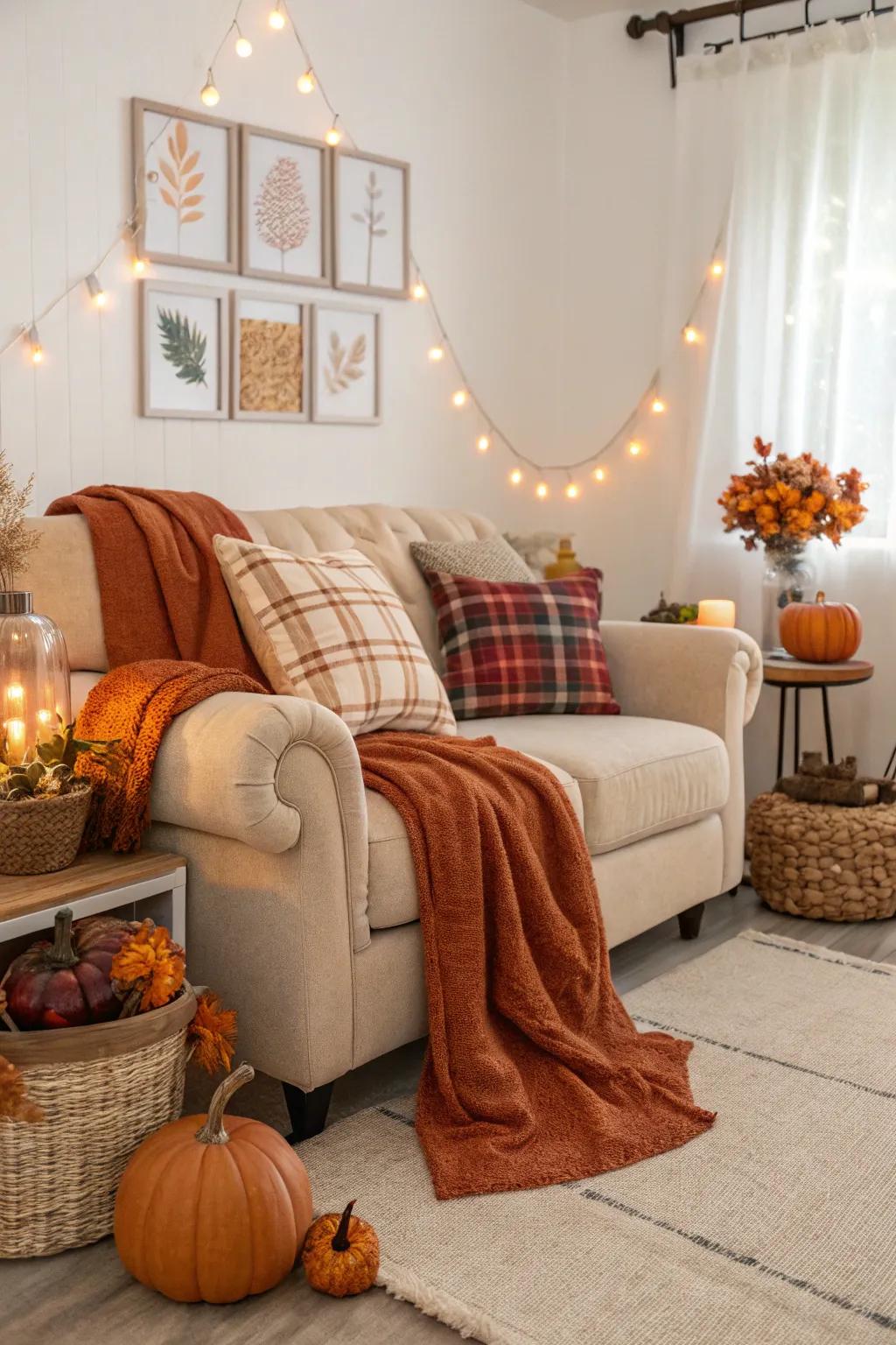 Decor changes with the seasons to keep the room feeling fresh.