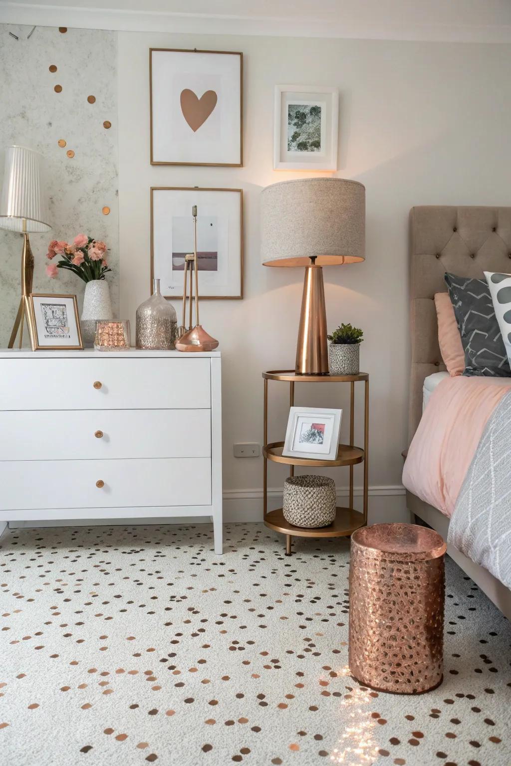 Stone chips and rose gold for a modern bedroom twist.