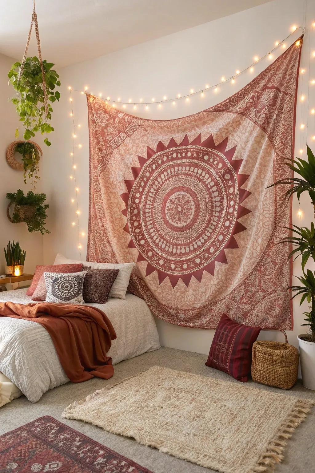 A wine and pink-tinted gold wall tapestry adds depth and artistic flair.
