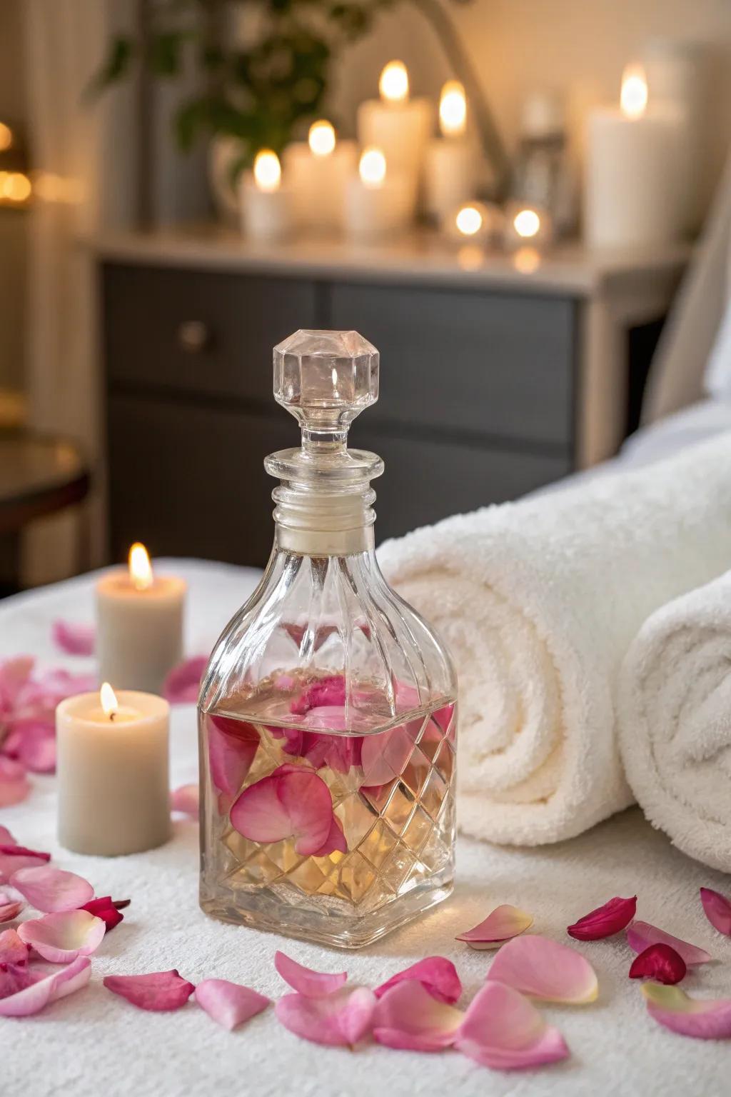 A bottle of homemade rose petal-infused oil