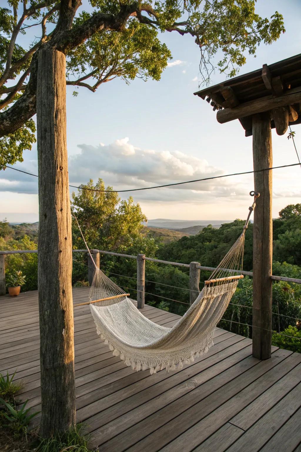 A hammock offers a perfect relaxation spot on this country deck.