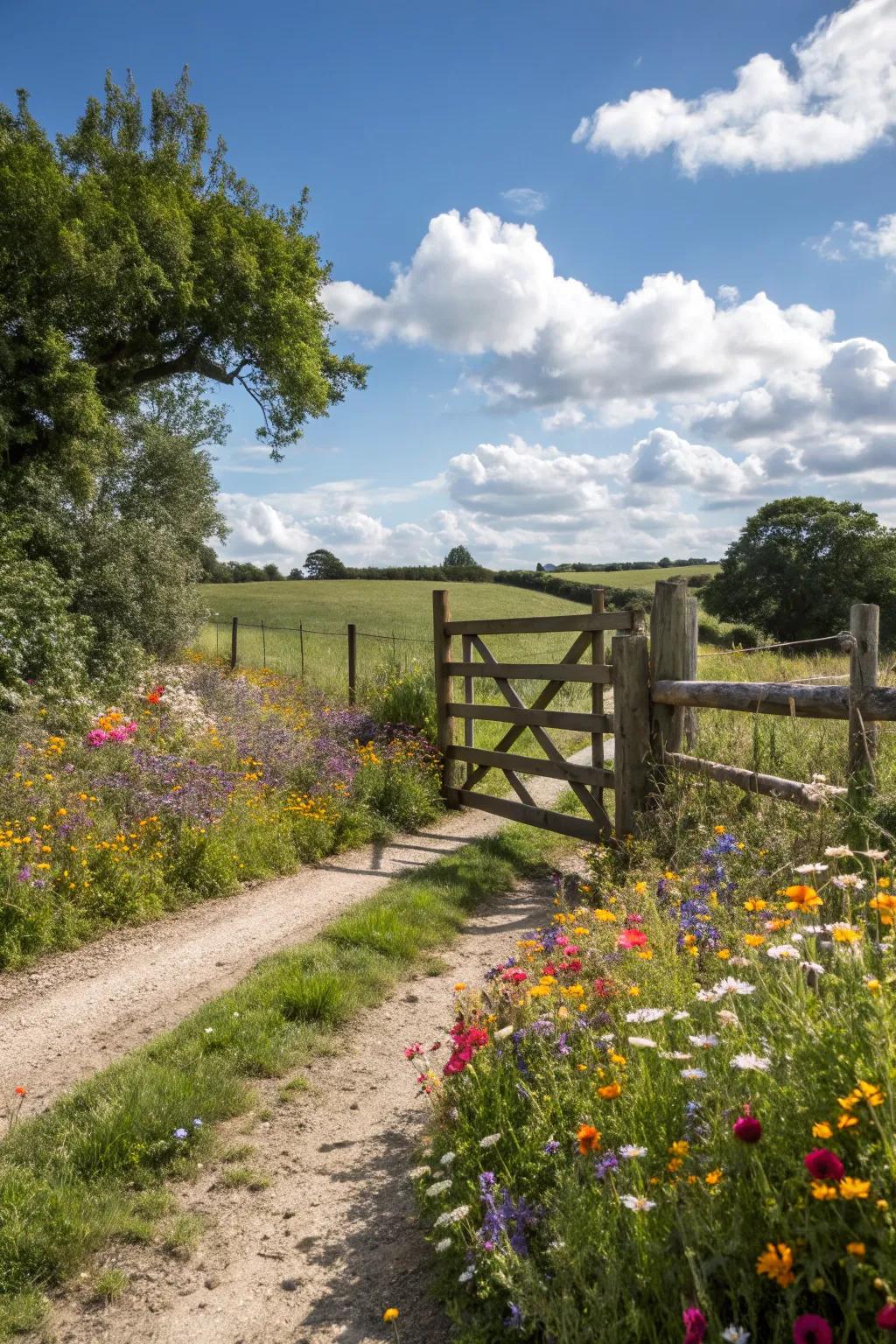 A ranch entrance framed by a colorful growth border.
