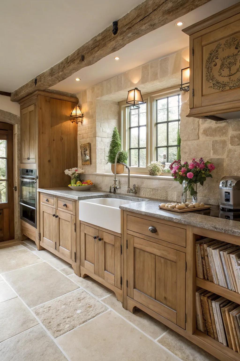 Chalk stone floors offer elegance with a rustic touch.