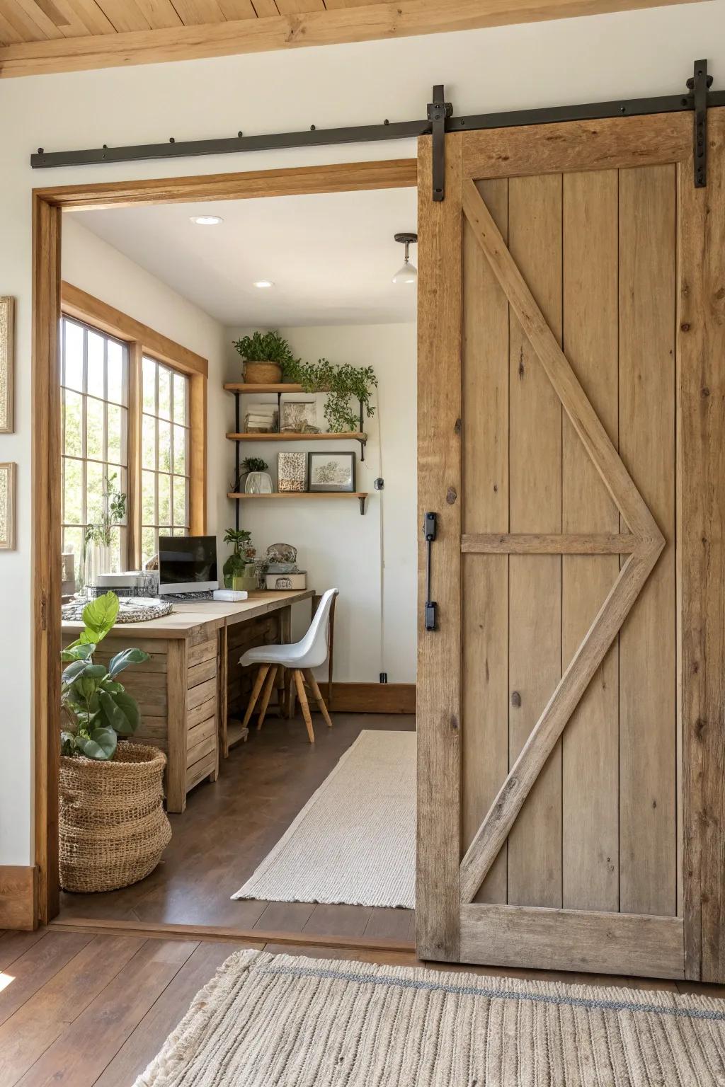 A barn gateway adds rustic elegance and practicality to your farmhouse office entrance.