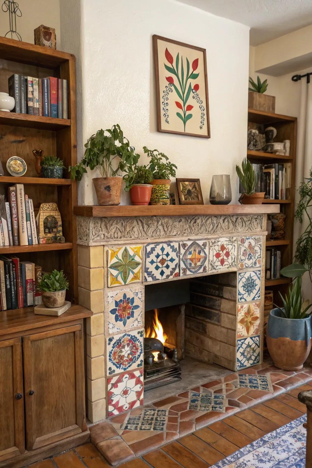 Ceramic tiles contribute color and pattern to this artistic rustic fireplace.