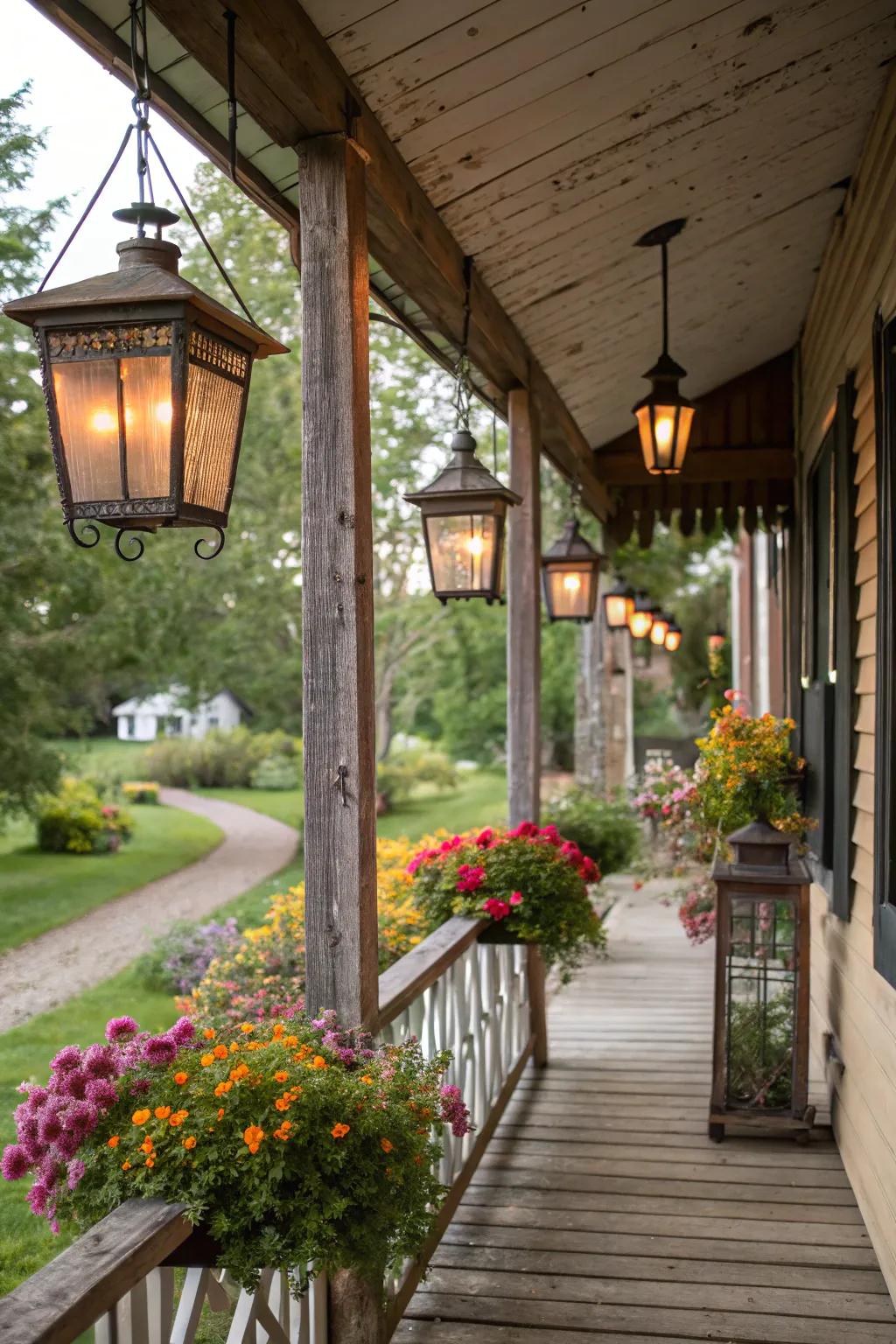 Carriage lights and fresh blossoms create a romantic and attractive ambiance.