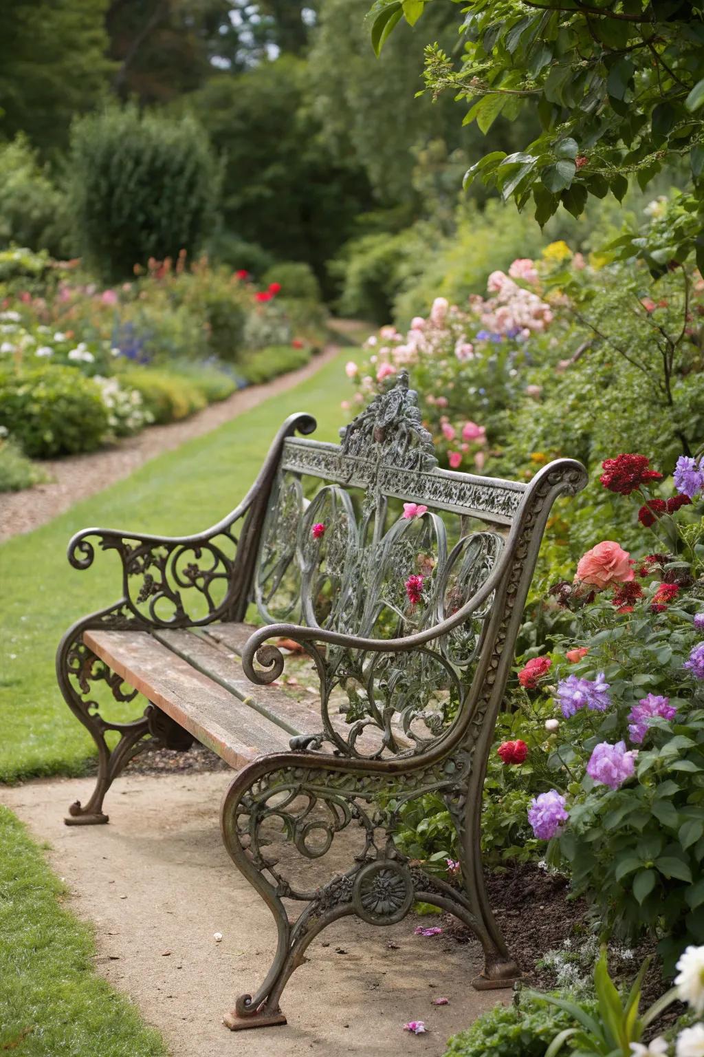A vintage ironwork bench adding sophistication to garden blooms.