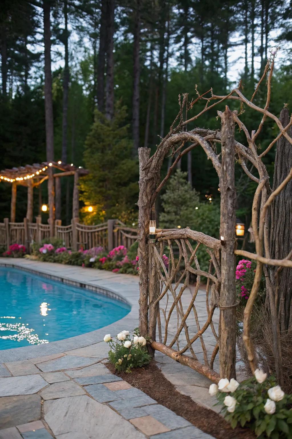 A whimsical sprig and limb fence enhancing the pool's organic beauty.