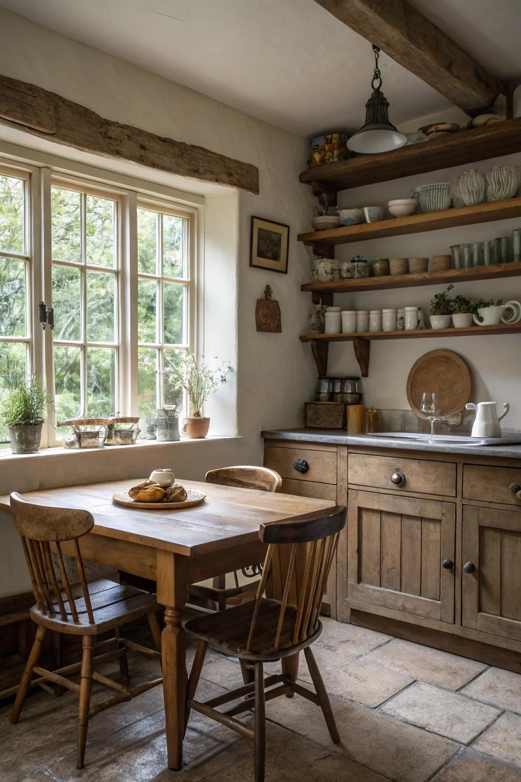 A cozy dining nook enhances the kitchen's homely feel.