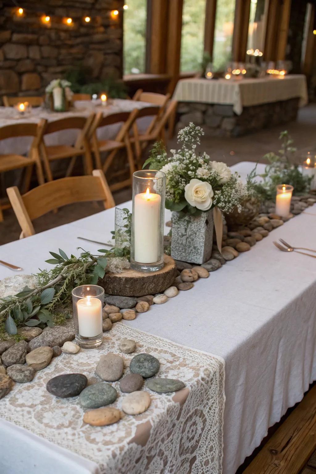 Natural rock elements enhancing the earthy vibe of the main table.