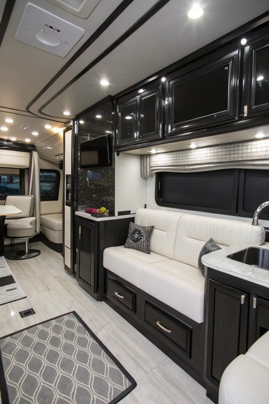 An ebony and chalk white scheme fashions a timeless RV interior.