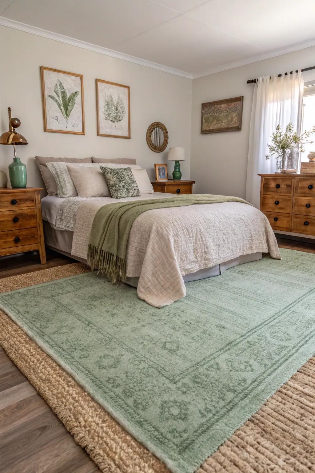 Anchor your space using a soft green floor covering.