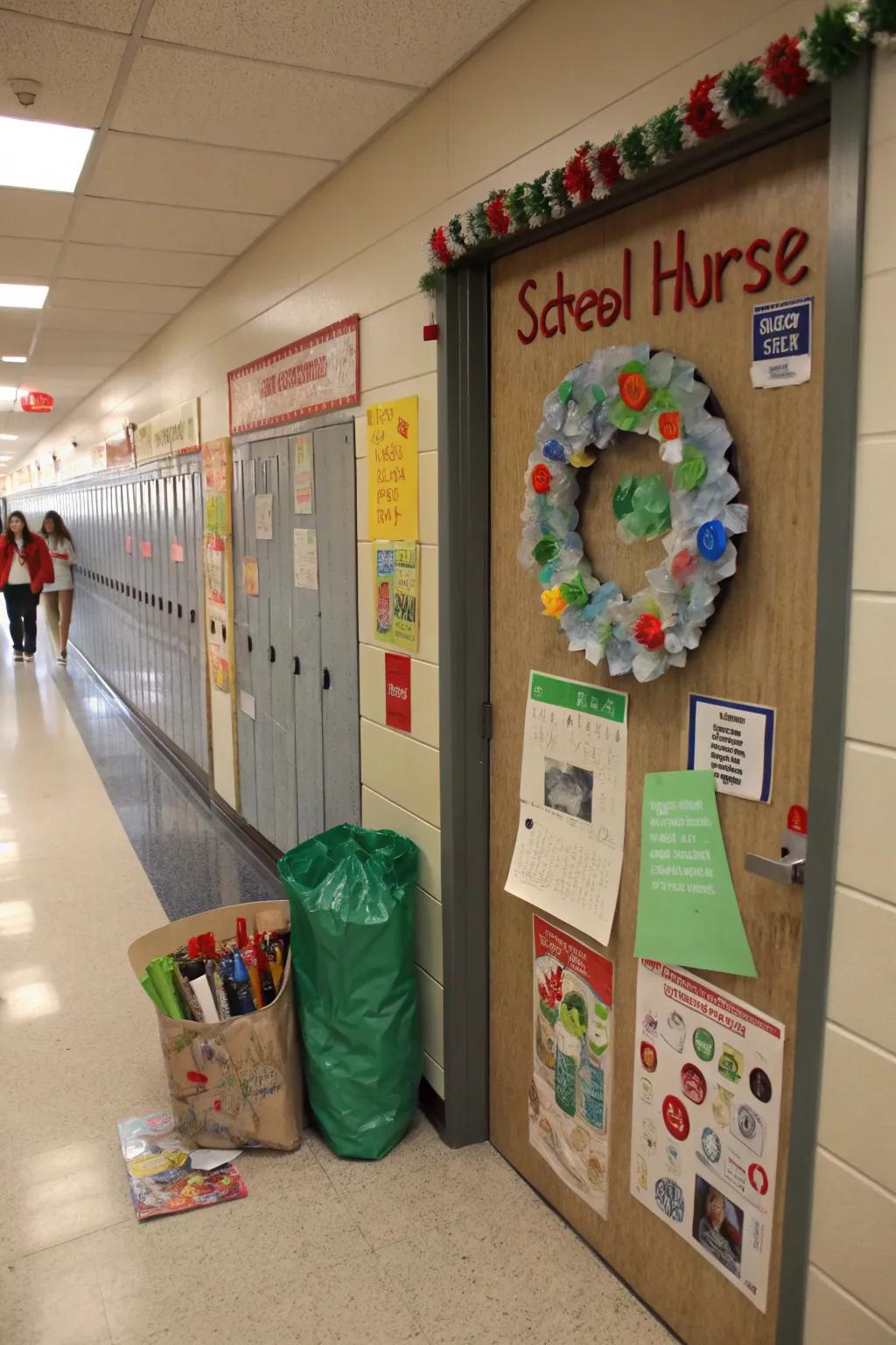 A nature-minded school nurse's entryway making use of recycled items.