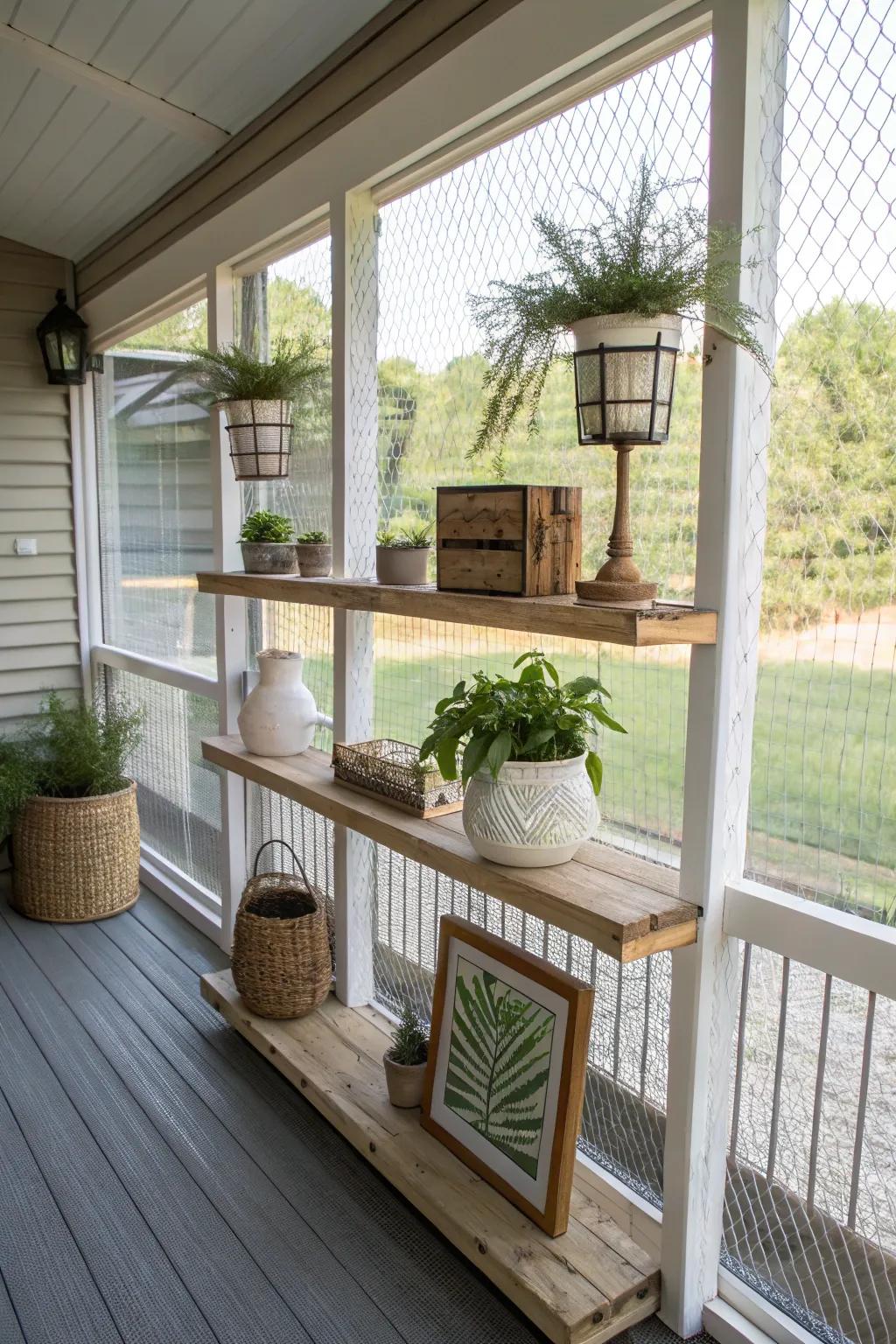 Floating shelves offer chic storage for plants and decorations.