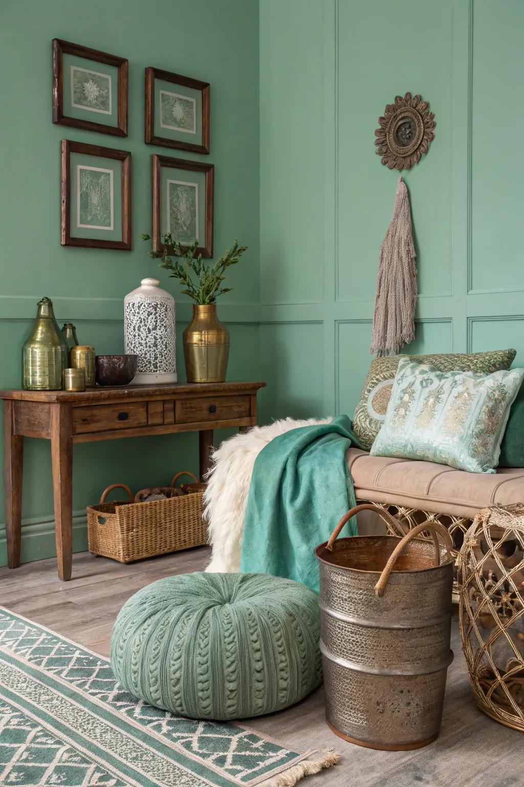 A dynamic space features seafoam green walls and contrasting textures.
