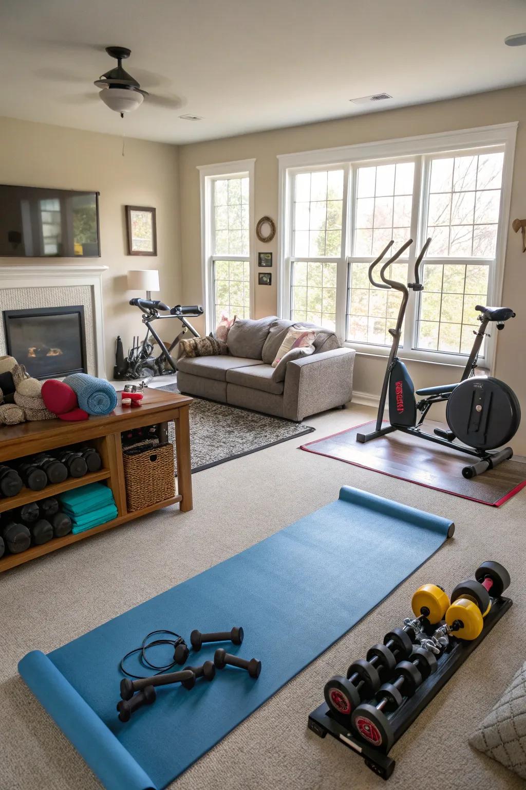 Design a personal fitness zone in your living room.
