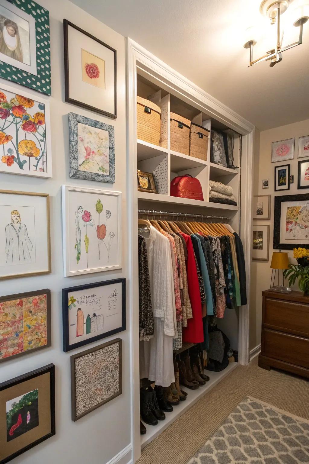 A closet featuring art that transforms it into a personal gallery.