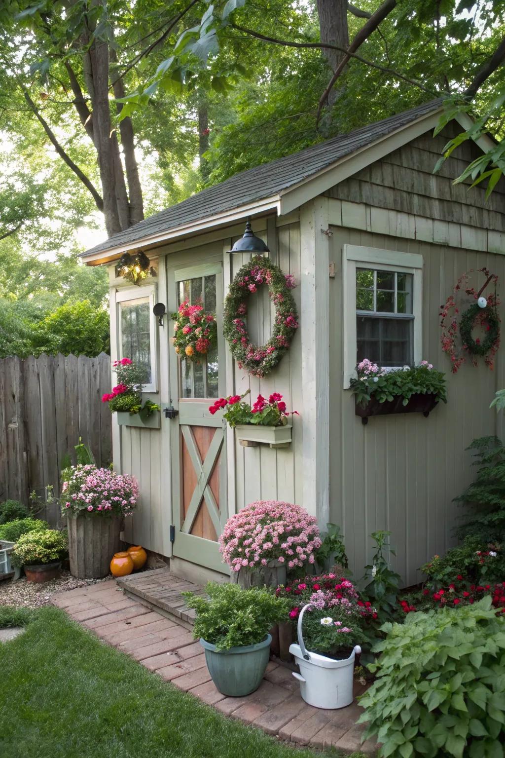 A garden shed adorned by evolving seasonal design.