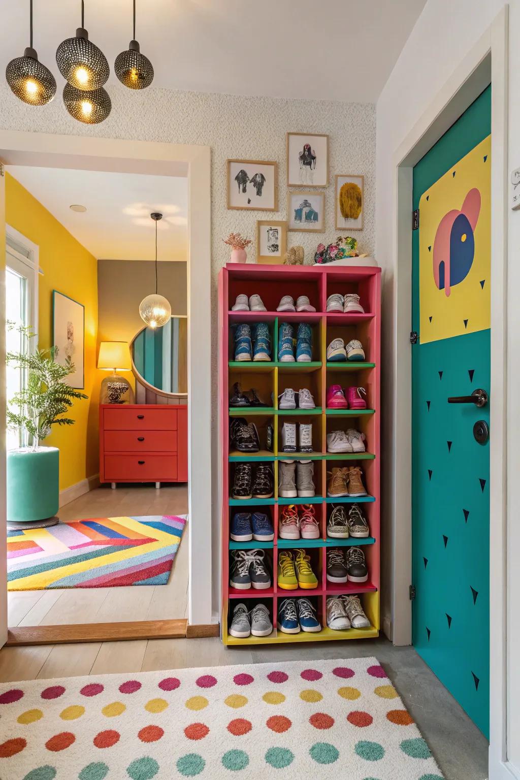 A colorful shoe cabinet adding personality to the entryway.