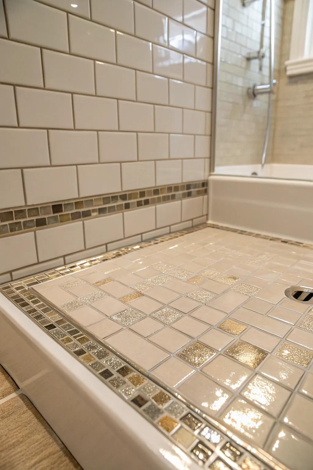 Subtle metallic accents on tiles add a hint of glamour and elegance to this shower base.