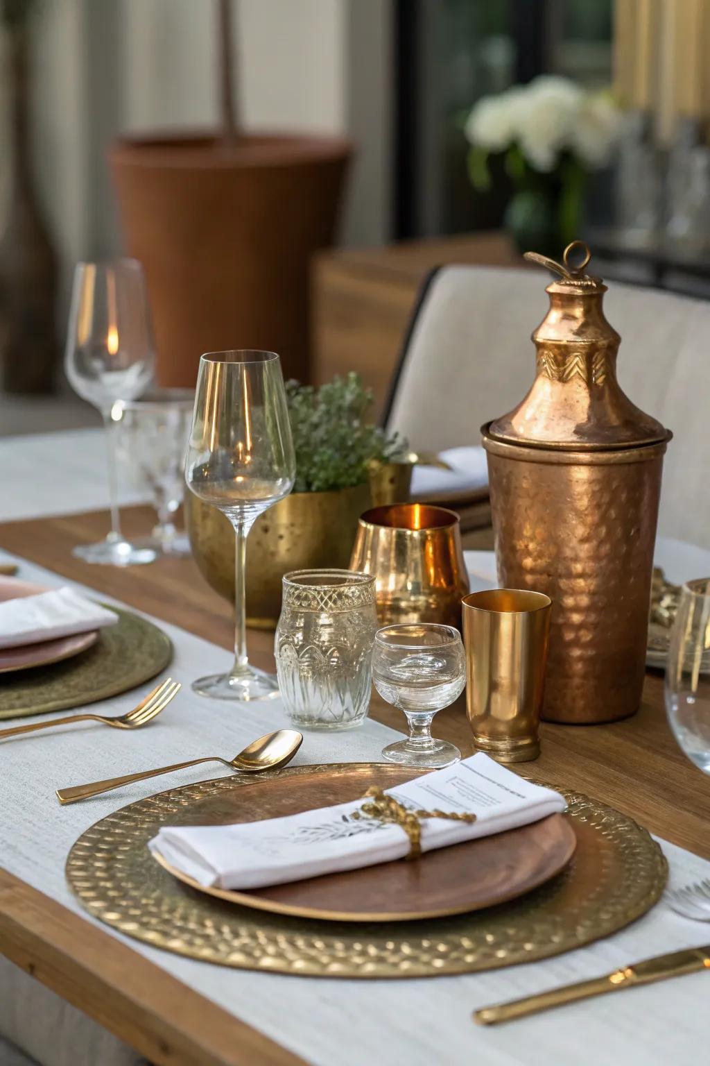 Metallic touches elevate the dining setting.