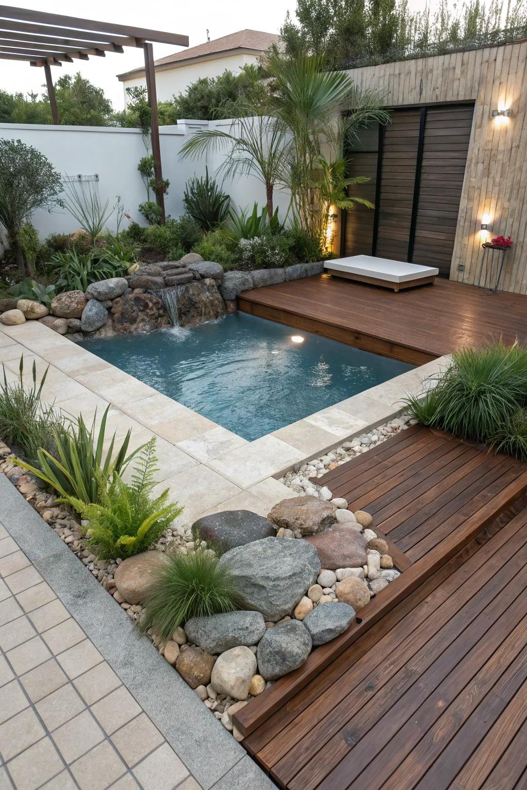 A unique mix of materials adding depth and appeal to the pool area.