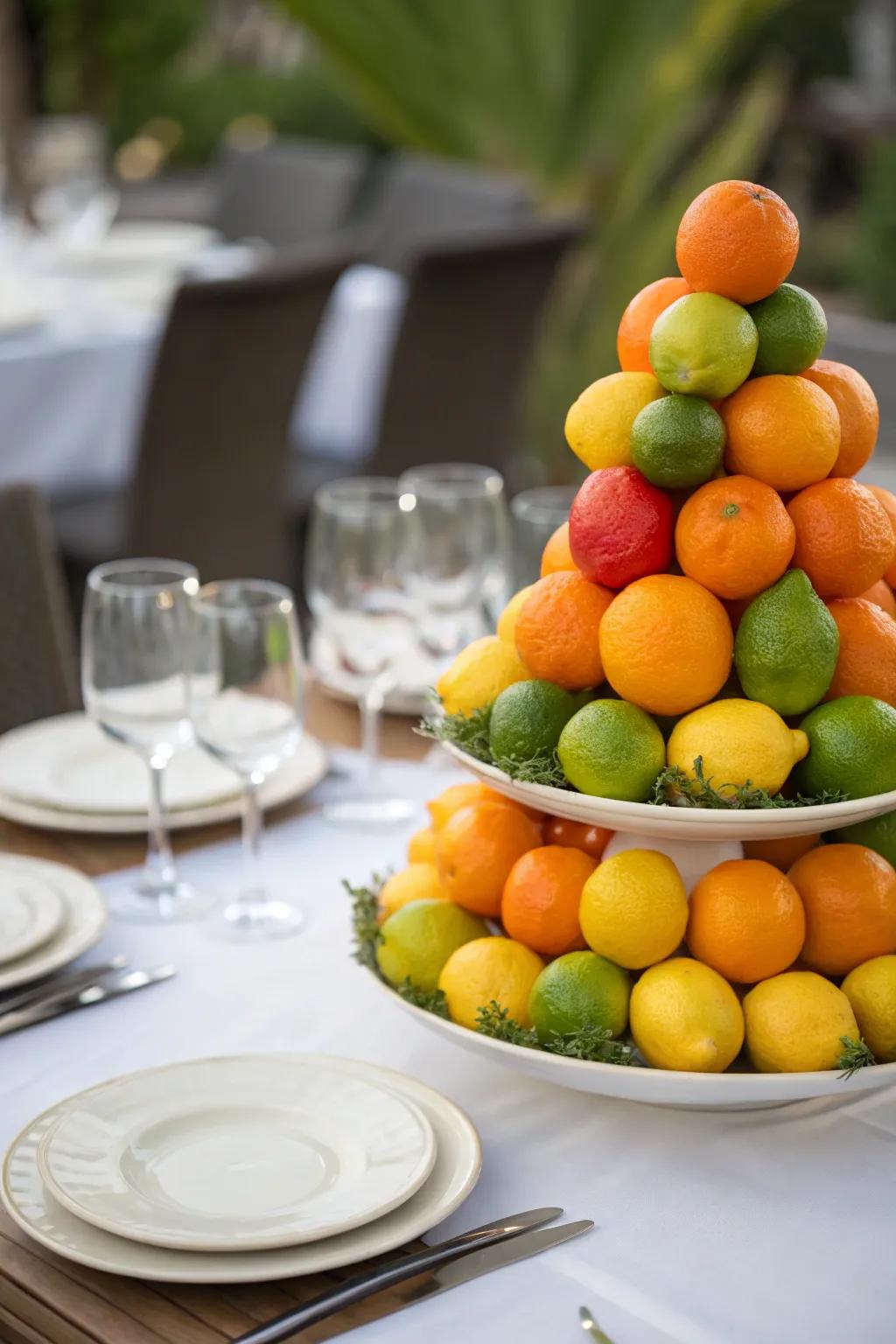Citrus fruits create a bright and fresh arrangement.
