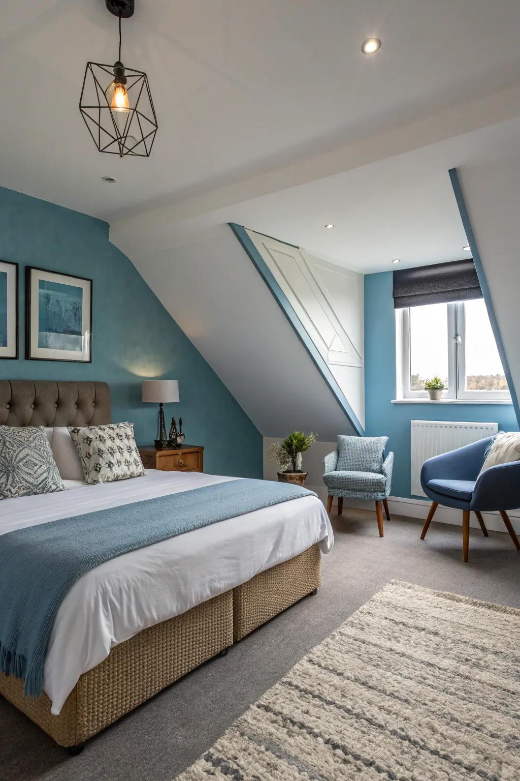 This serene bedroom has a cool color scheme that creates a peaceful and restful ambiance.