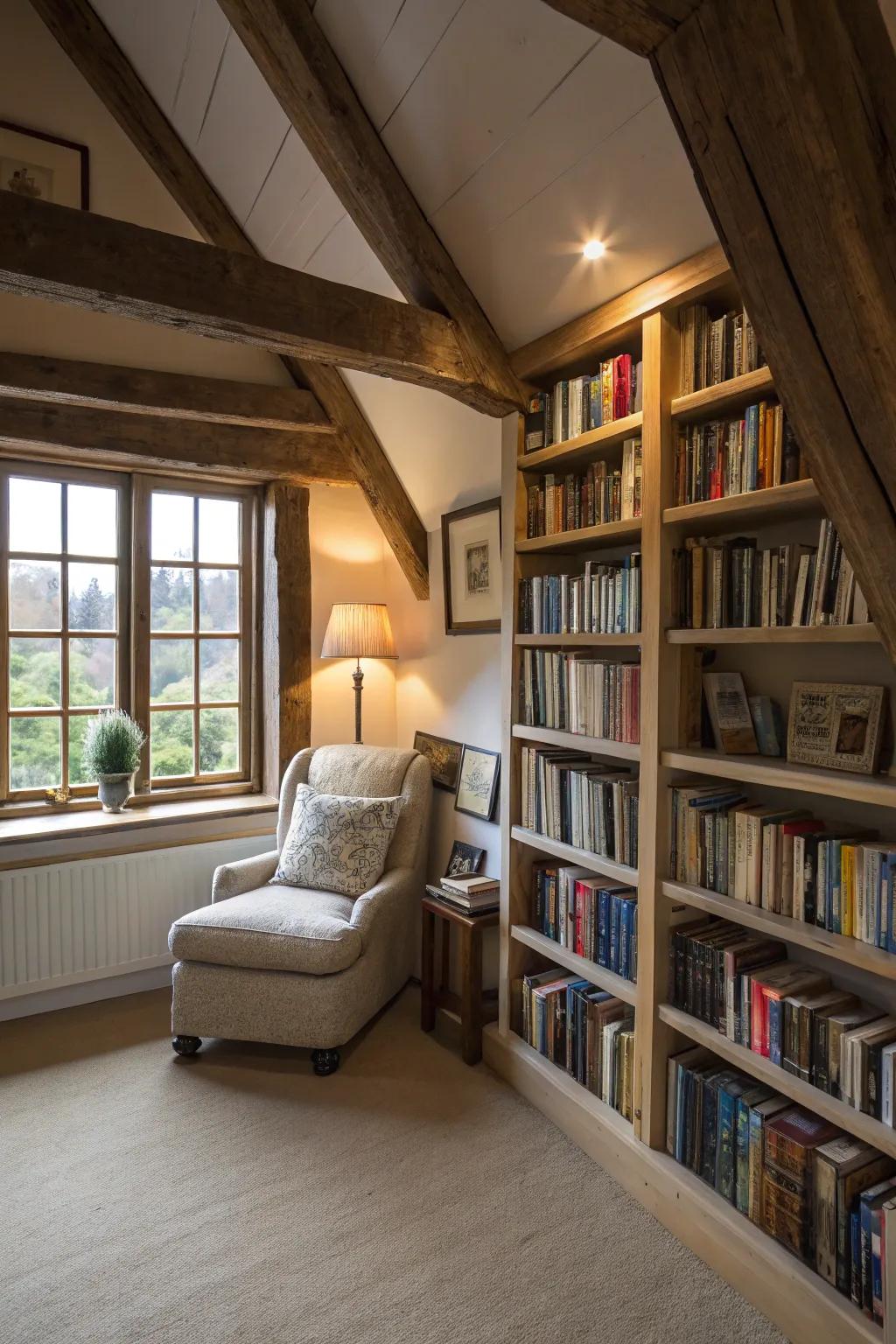 Fitted shelving units add storage and charm to this attic bedroom.