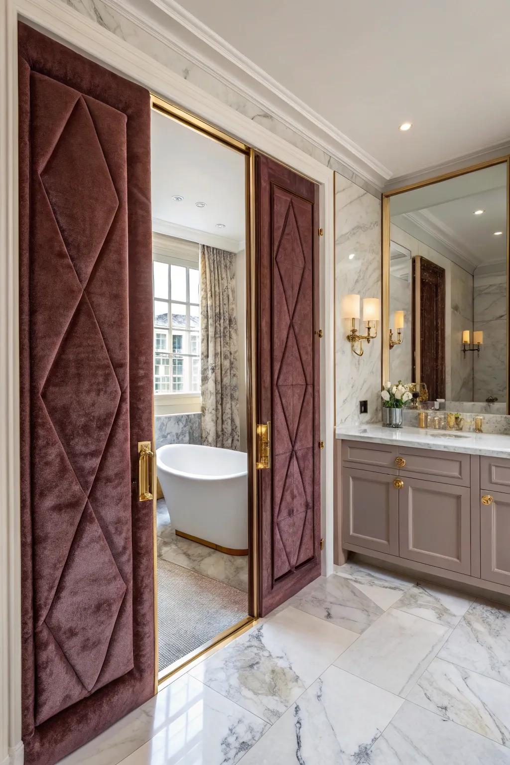 This opulent bathroom is made more opulent and plush by the use of sliding doors with velvet panels.