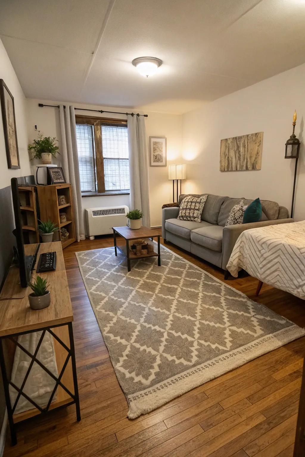 Area rugs define spaces in small apartments.