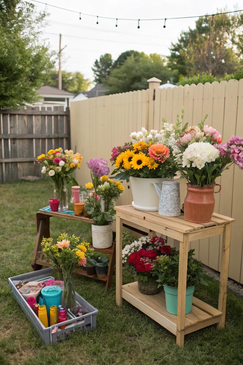 A creative floral design session in the backyard