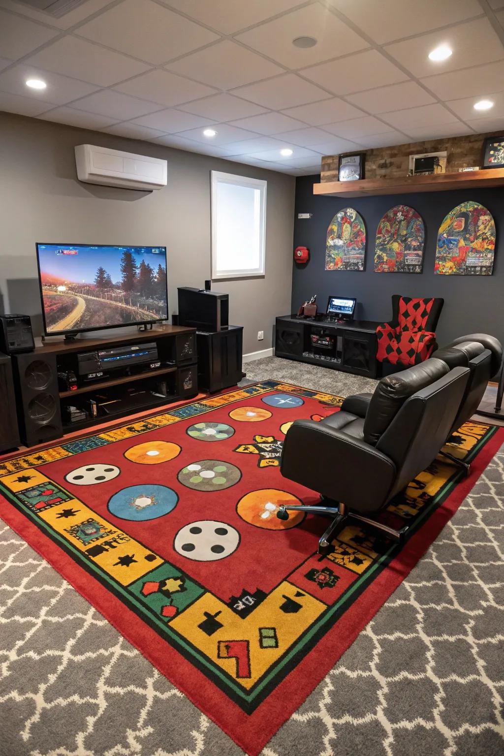 Themed rugs add a cohesive touch to your gaming room.