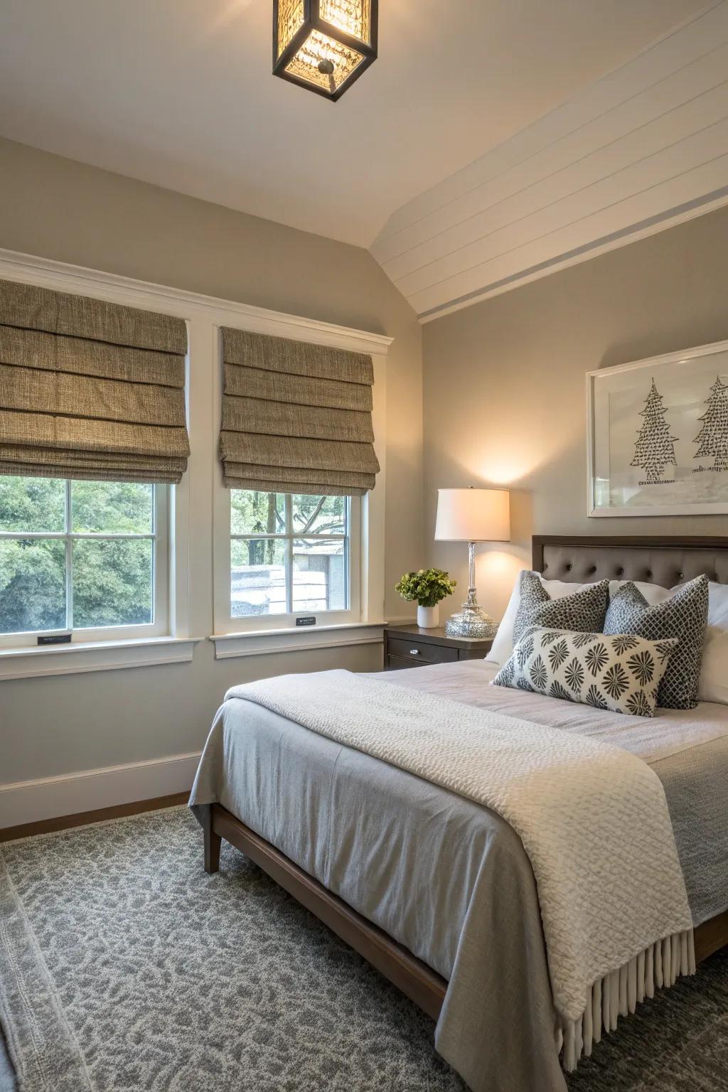 A small bedroom showcasing Roman shades as a stylish option that saves space.