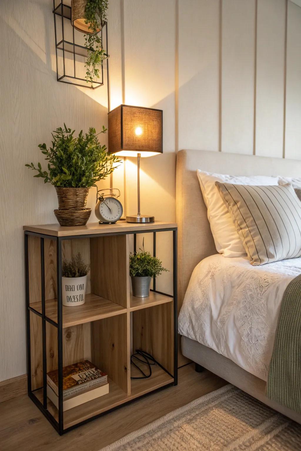 A cube shelf provides a sleek, geometric bedside storage solution.