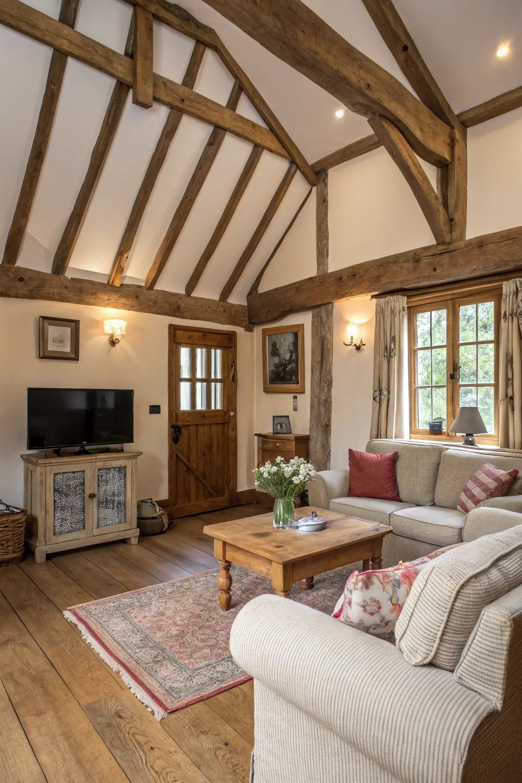 Exposed beams add countryside character to this inviting lounge.