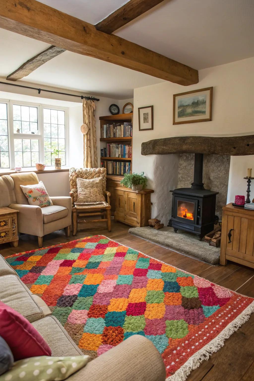 A vibrant area rug adds warmth and defines the space.