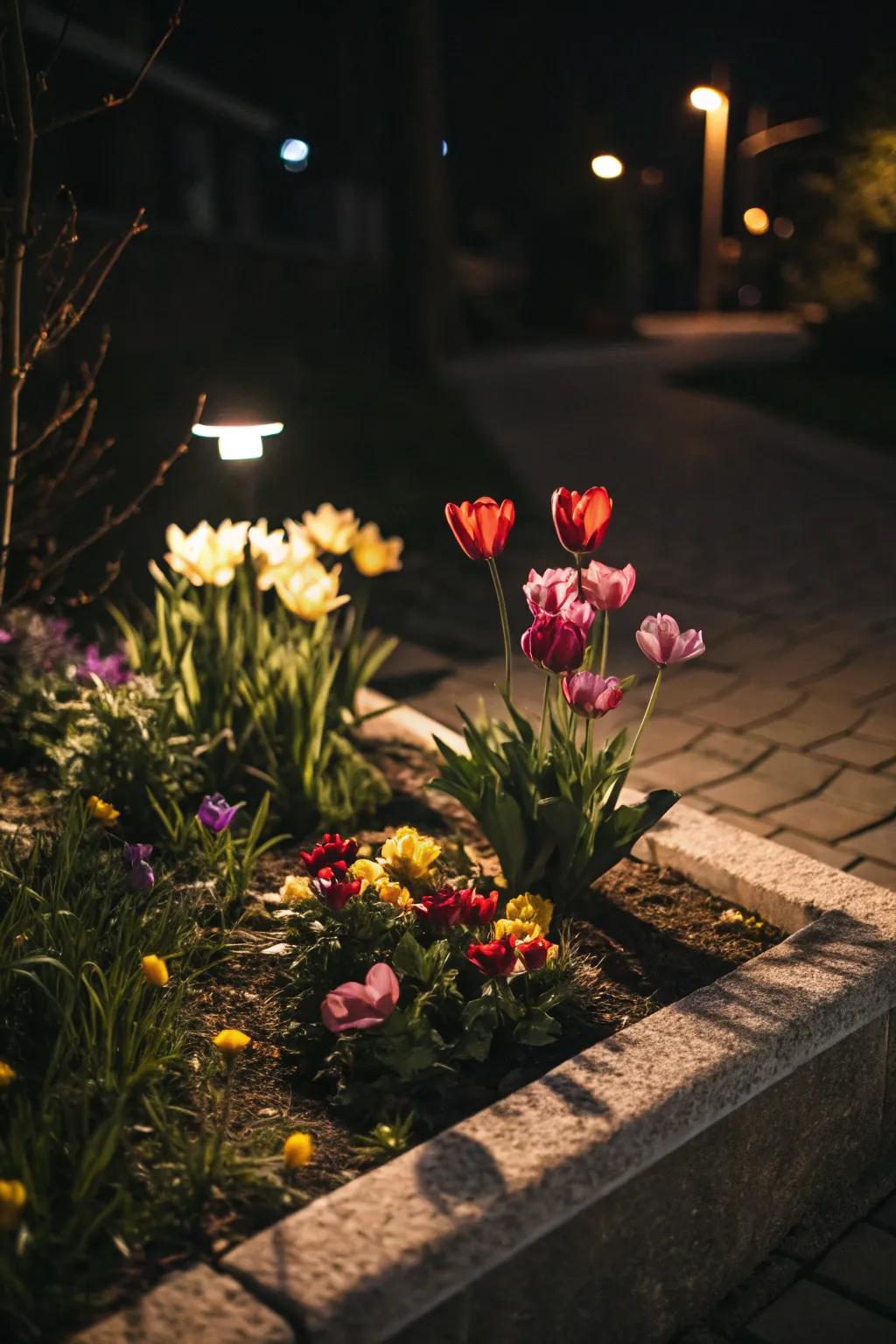 A magical compact flower bed gently illuminated by solar lights.