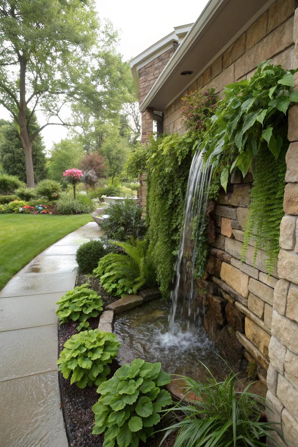 A wall-mounted waterfall offers a dramatic and soothing backdrop.