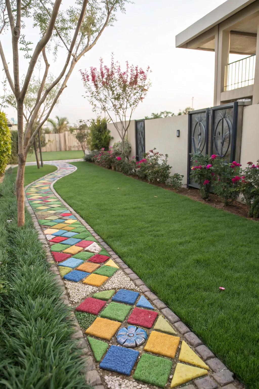 An artistic mosaic pathway integrated with artificial turf.